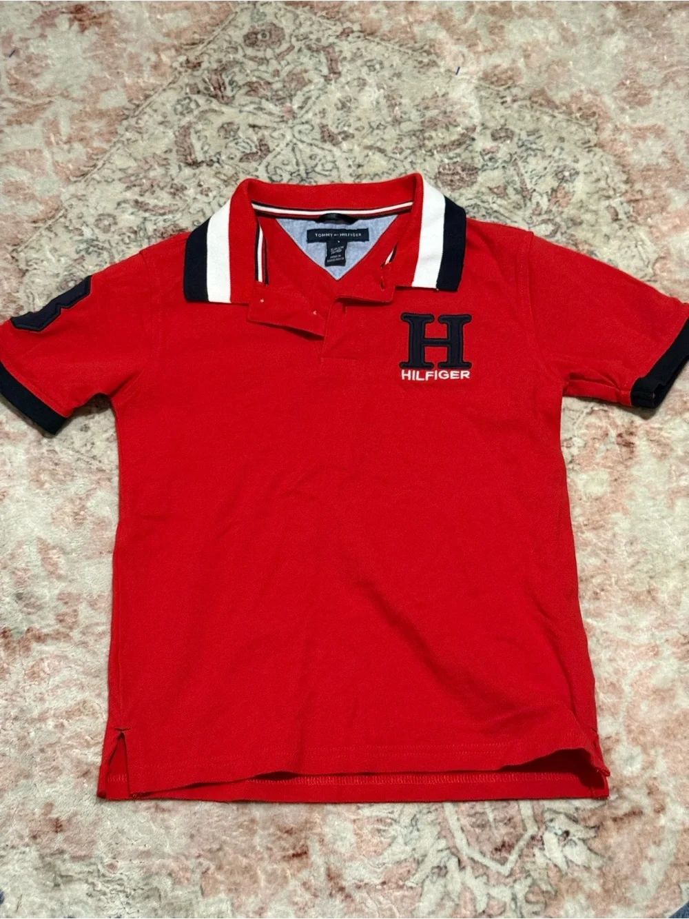 Tommy Hilfiger Red Polo with Navy & White Contrast Collar